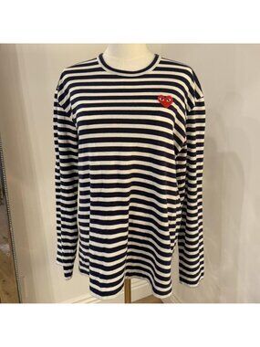 Comme des Garcons Play White Navy Stripe Red Heart Long Sleeve Shirt Size L